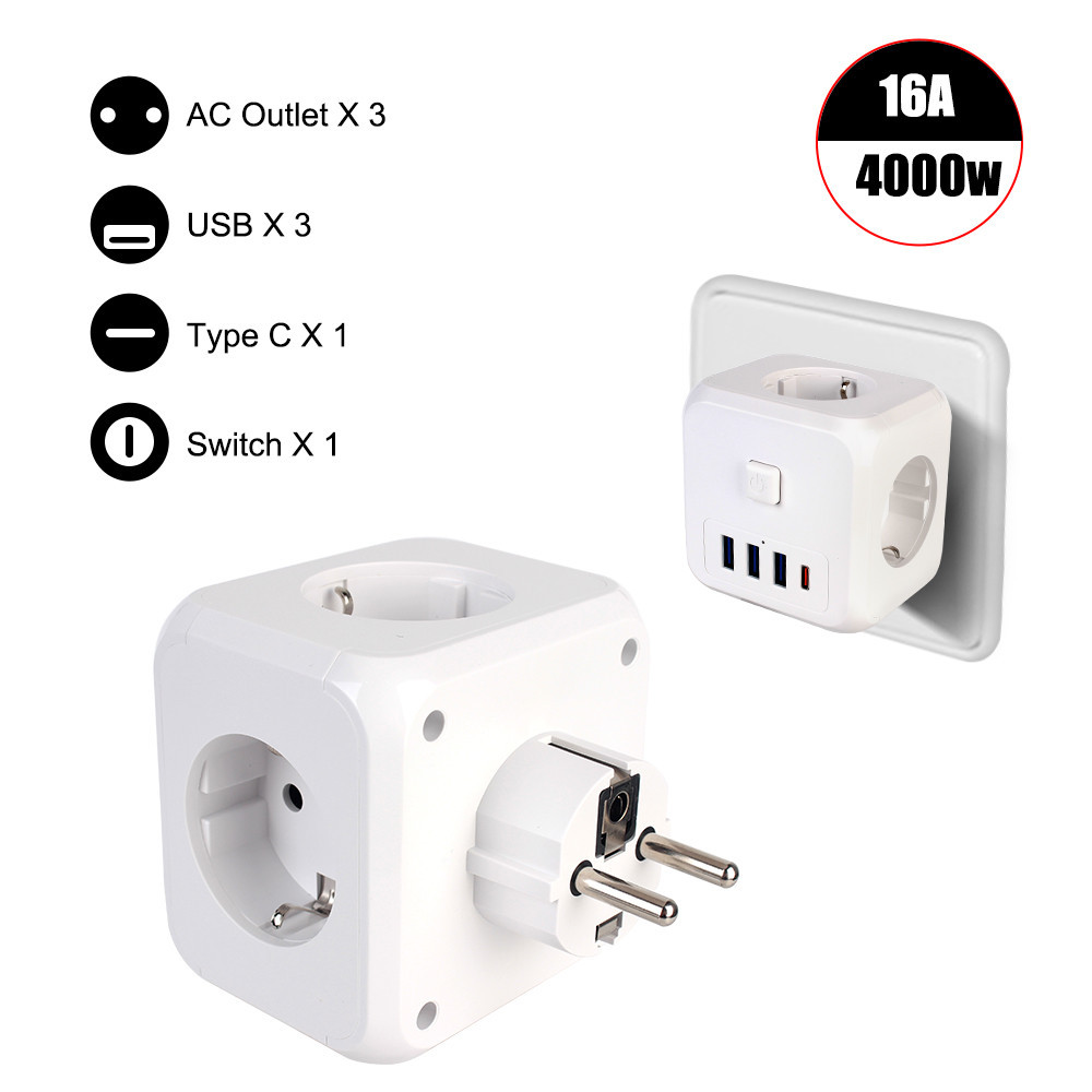 ღ16A EU Plug 7-in-1 Power Socket Power Strip ON/OFF Button 5V 3A ...