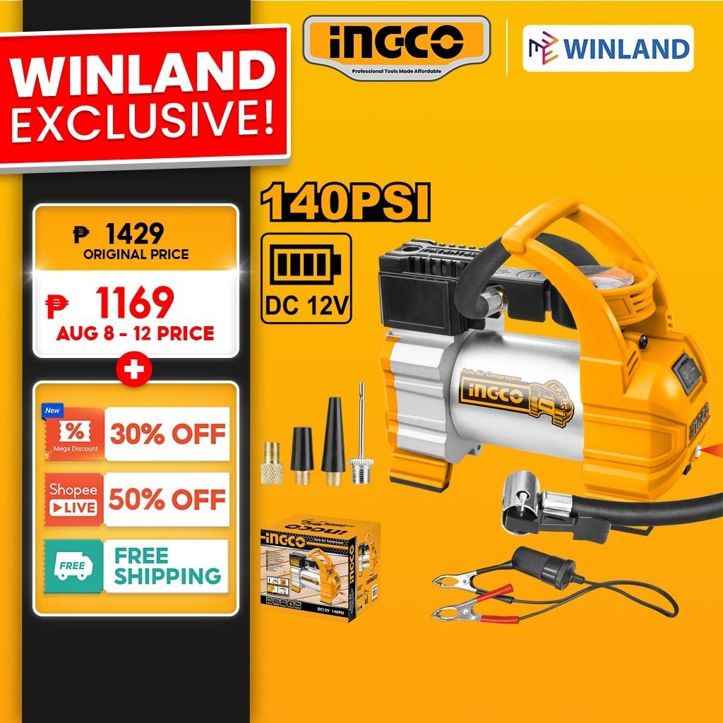 Ingco by Winland Auto Air Compressor Pump Car Tire Inflator DC 12V ...