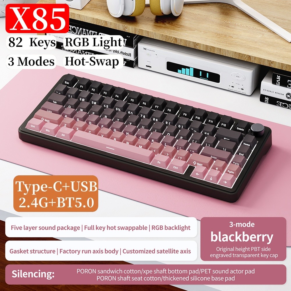 ♣X85 Mechanical Keyboard 82 Key RGB TriMode HotSwappable Keyboard 2.4GHz