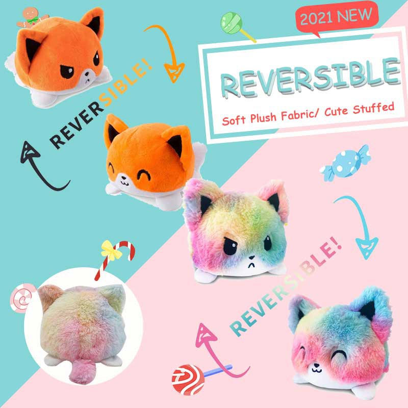 Reversible Cat Dog Plushie Stuffed Animal Mood Plush DoubleSided Flip Colorful and Orange