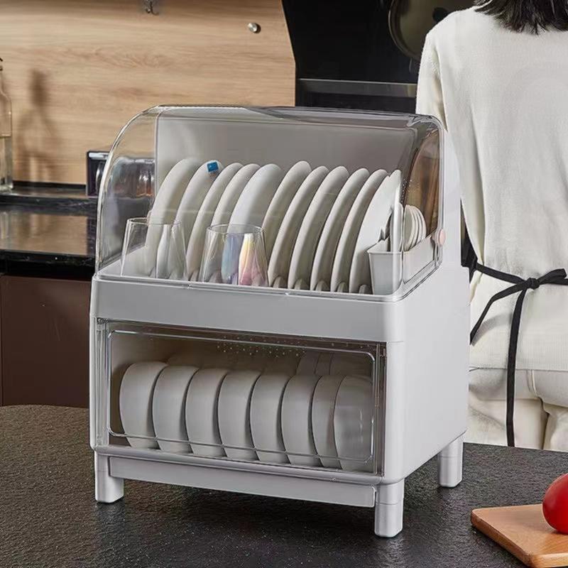 S491 GILLH Dish Drying Rack, Dish Dryer Holder with Cover Lid and Removable Drainboard, White