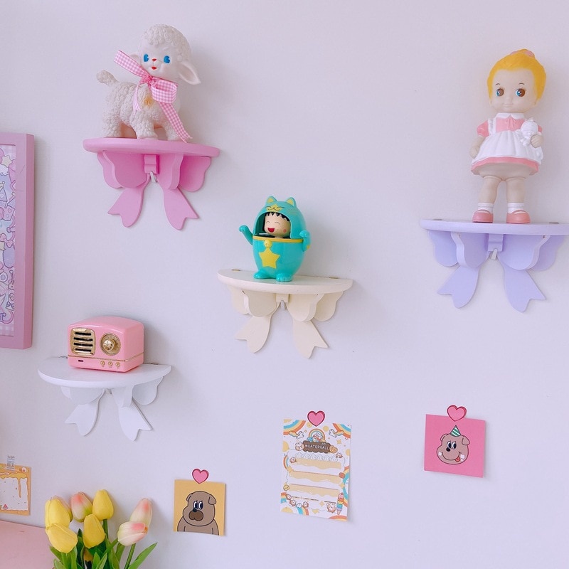 Cute Bow Wall Shelf Storage Racks Nordic Wooden Toy Display Decorative ...