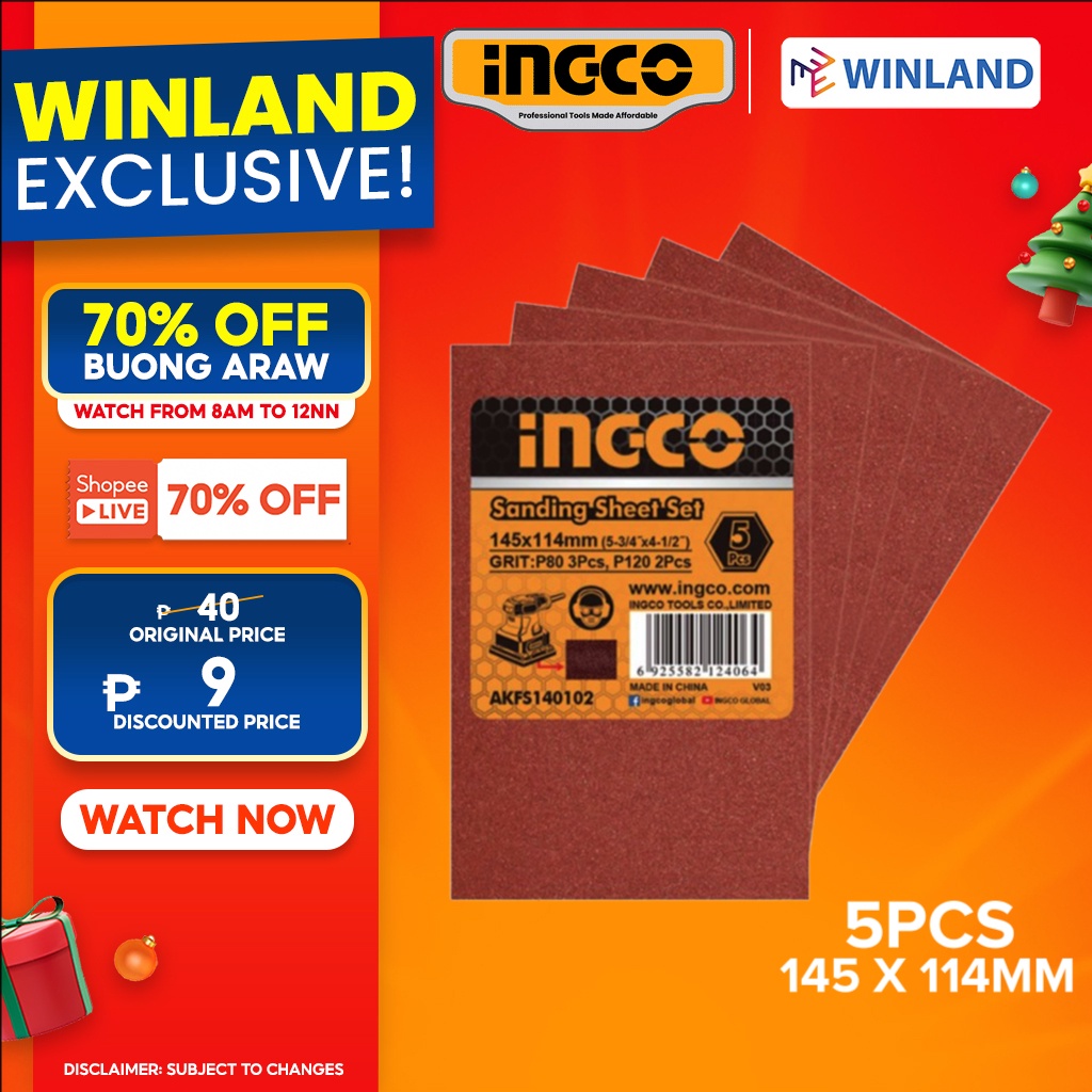 [4449]INGCO by Winland Sandpaper 5pcs Finishing Sanding Sheet 145 x 114mm AKFS140102 INGHT