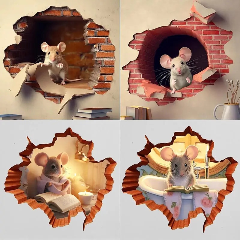 M735 Cute Mouse Hole Wall Sticker , Mouse Reading Book in Wall Hole ...