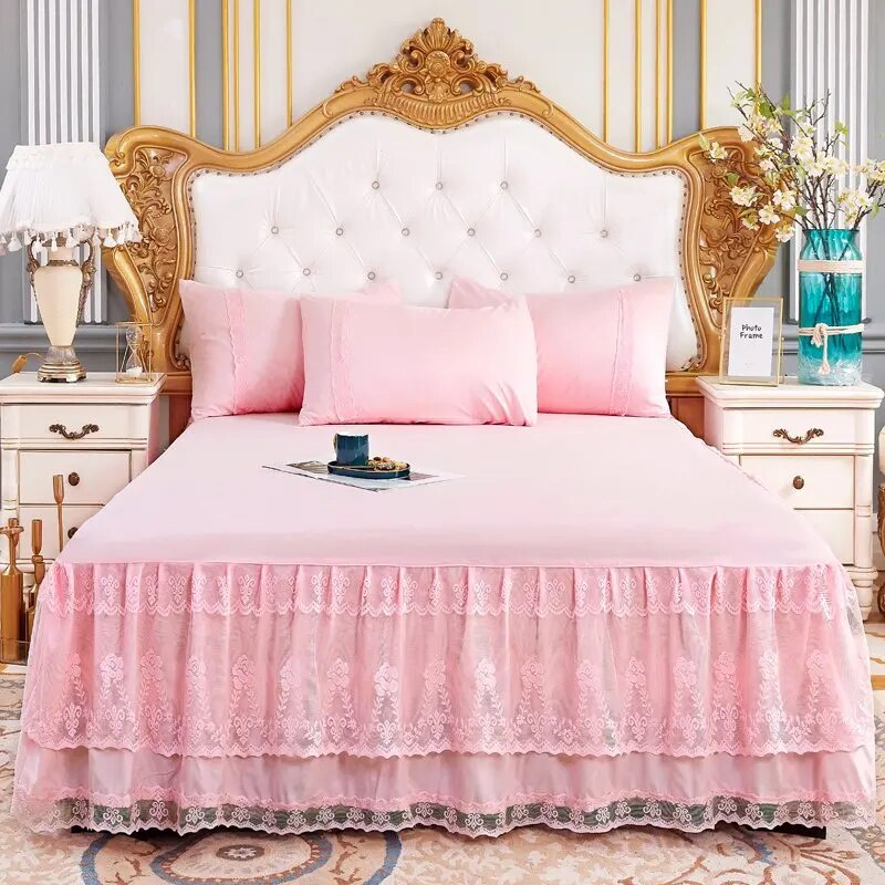 51d Pink Lace Lotus Leaf Lace Bed Skirts Princess Style Solid Color