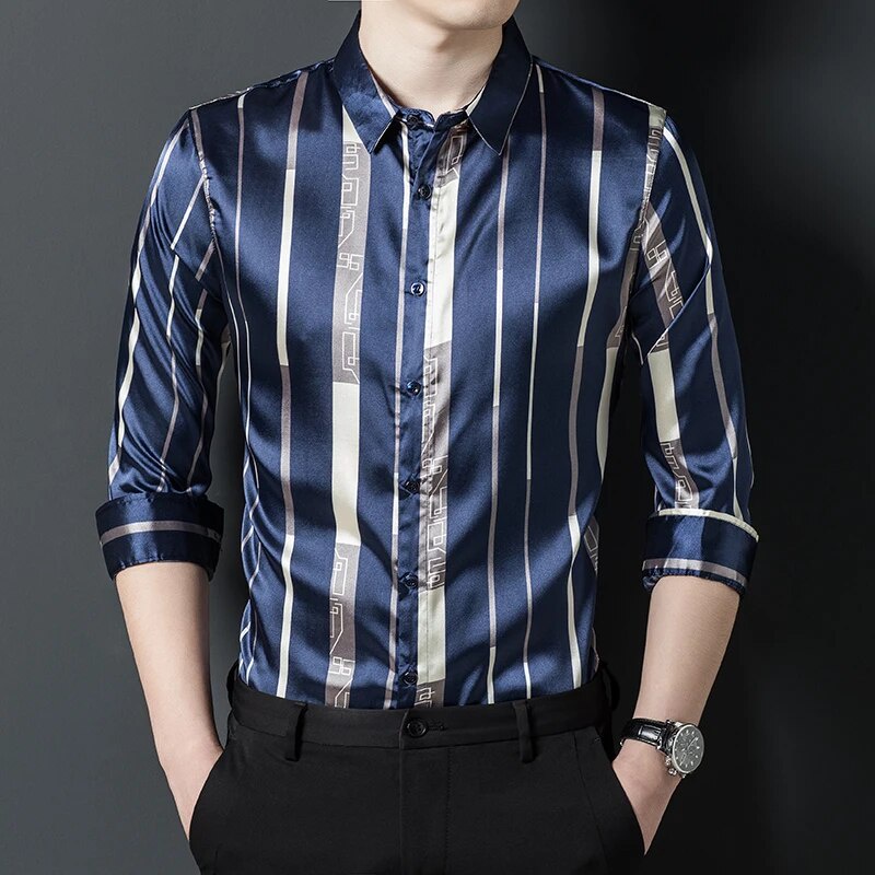 027 Blue Striped Oversize Satin Long Sleeve Shirts For Mens Business ...