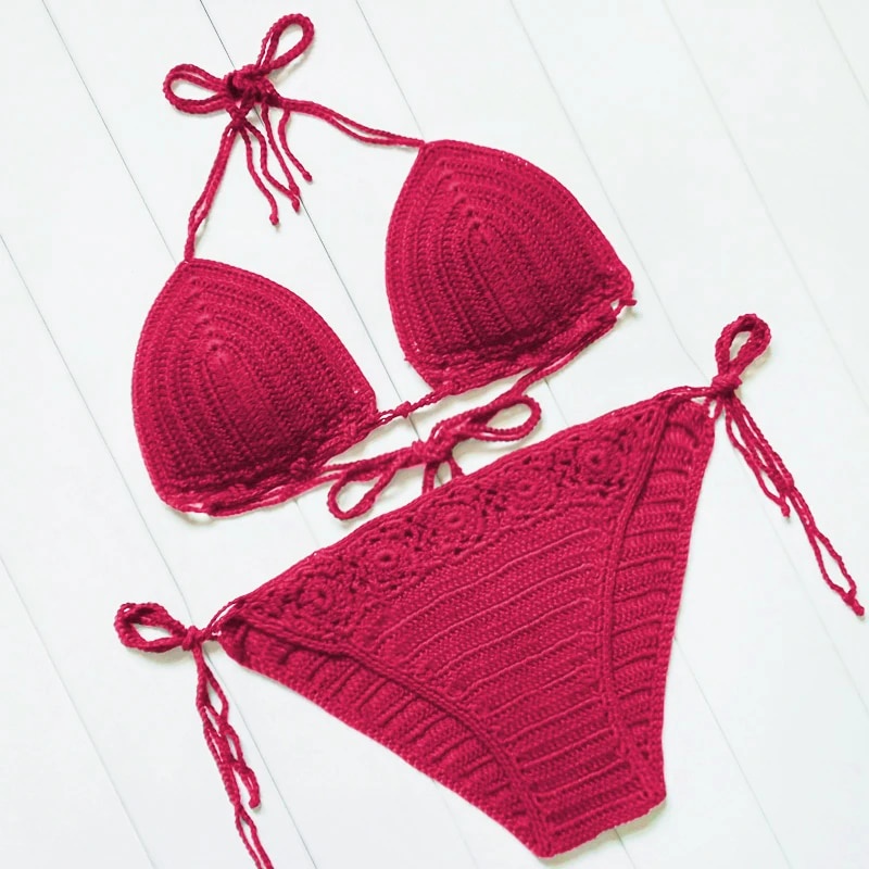 14C Red Bikinis Cotton Crochet Bikini Set Sexy Women Green Solid Padded ...