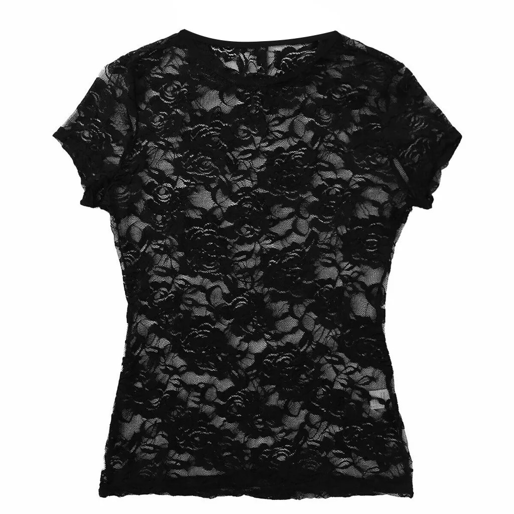 Women's See Through Sheer Mesh Short Sleeve O Neck Crop Tops Blouse T-Shirt  Clubwear