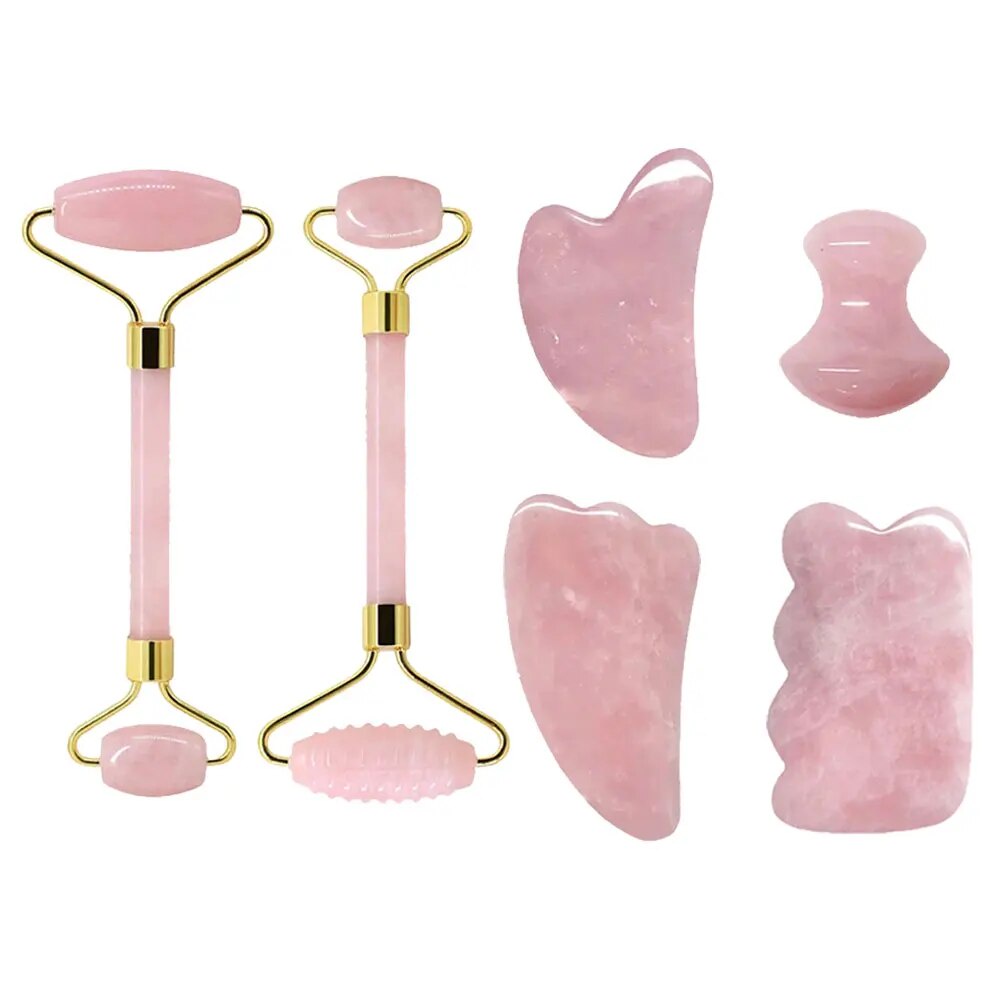 ☸Rose Quartz Face Jade Roller Massagers Guasha Set Gua Sha Tools ...