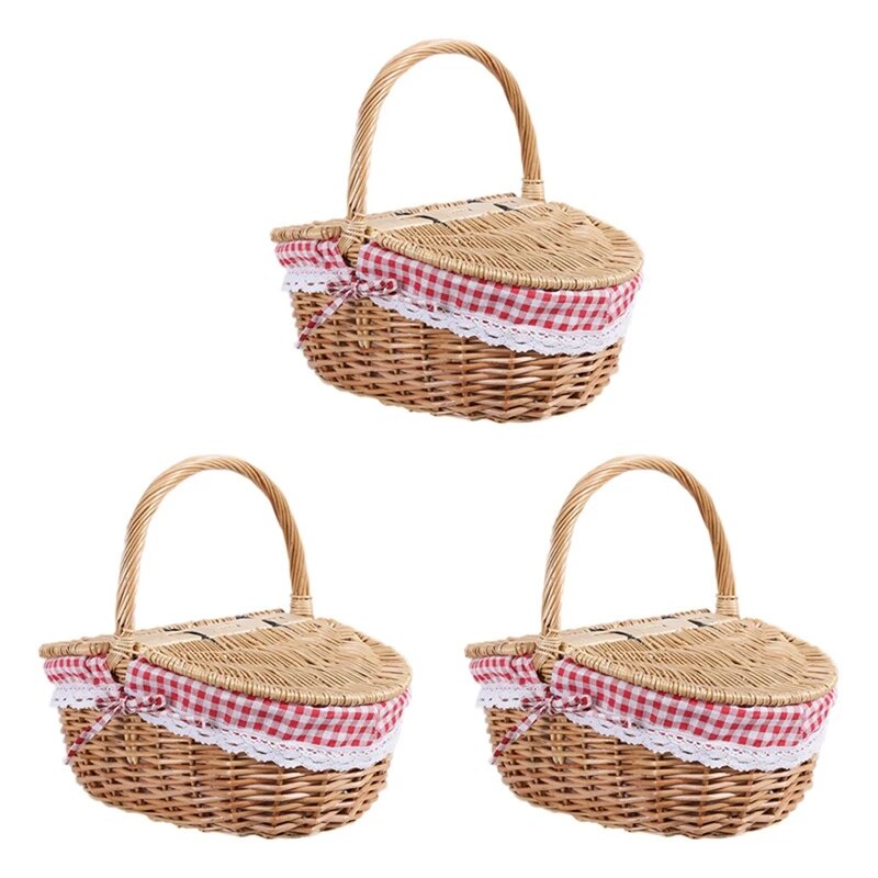 31e 3X Country Style Wicker Picnic Basket Hamper With Lid And Handle ...