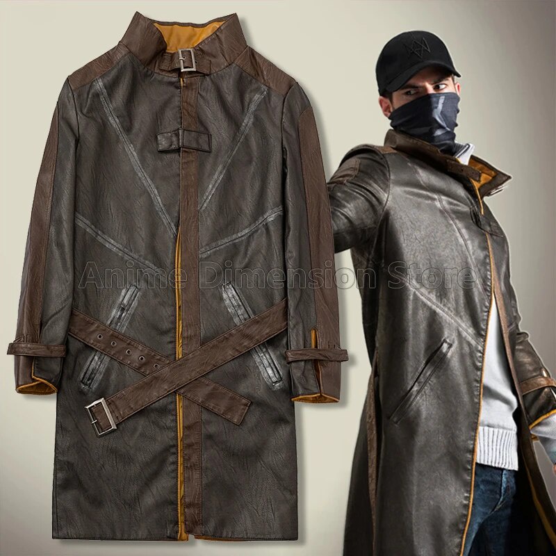 ☝Aiden Pearce Faux Leather Trench Windbreaker Game Watch Dogs Cosplay ...