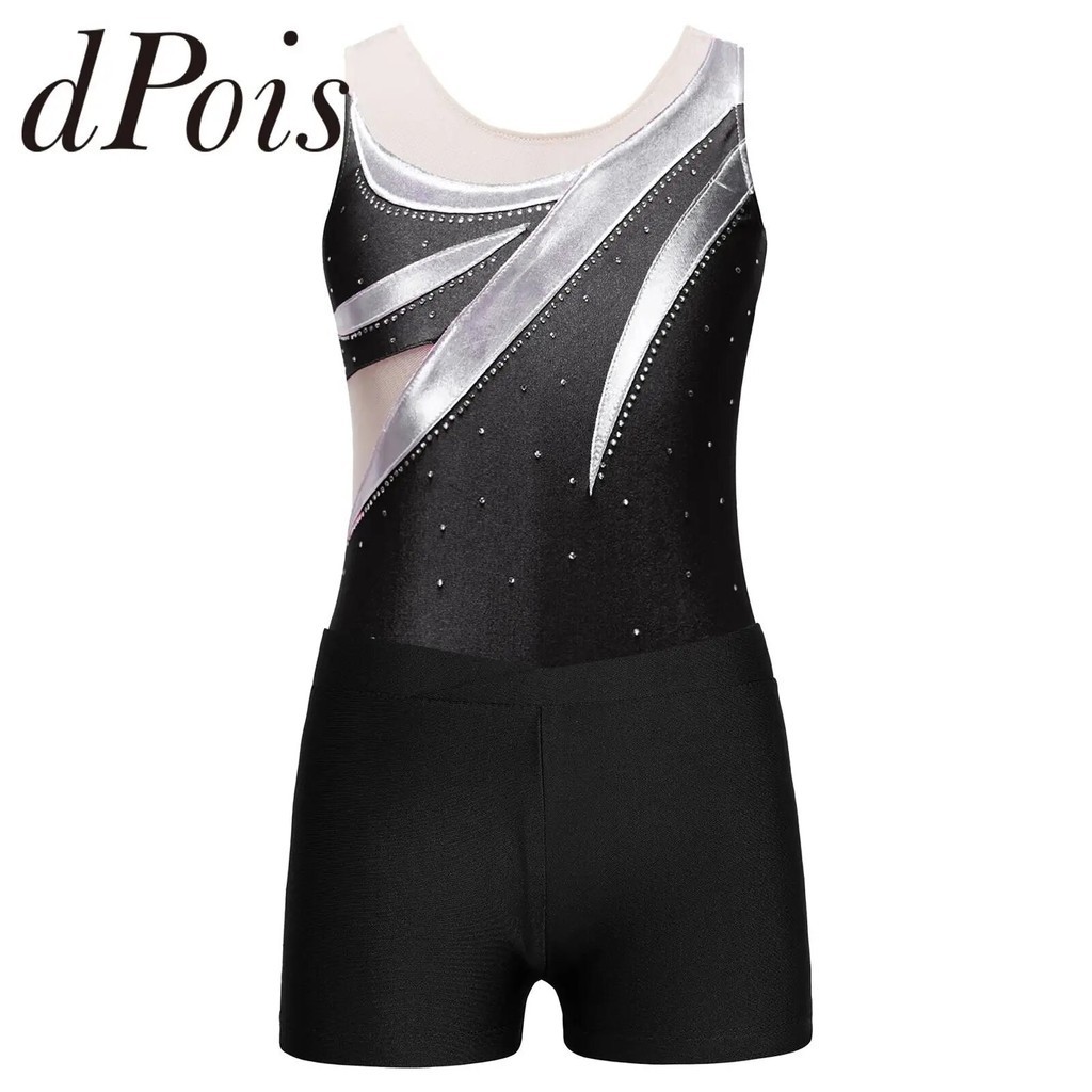 ✦Kids Girls Sleeveless Metallic Gymnastics Leotard with Shorts Children Ballet  Dance Outfits Dan g✪