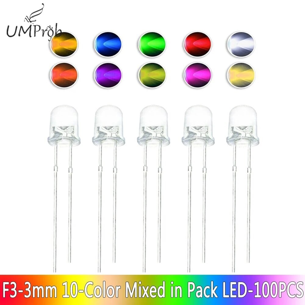 10 Colors 3MM F3 Ultra Bright Emitting Diode Dides Round Water Clear ...