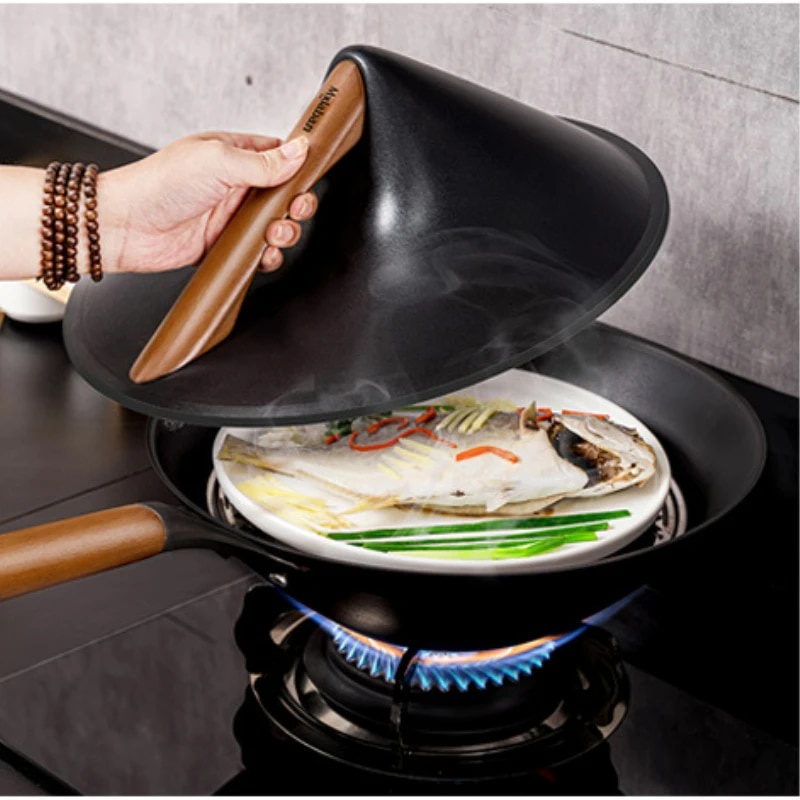 ⚕Bamboo Hat Shaped Frying Pan Pure Wood Handle Nonstick Pans Scratch