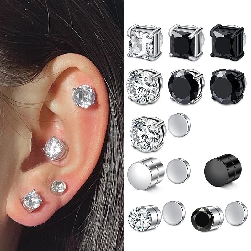 1/3Pair 6mm Magnetic Stud Earring Fake Piercing Crystal Clip Earrings ...