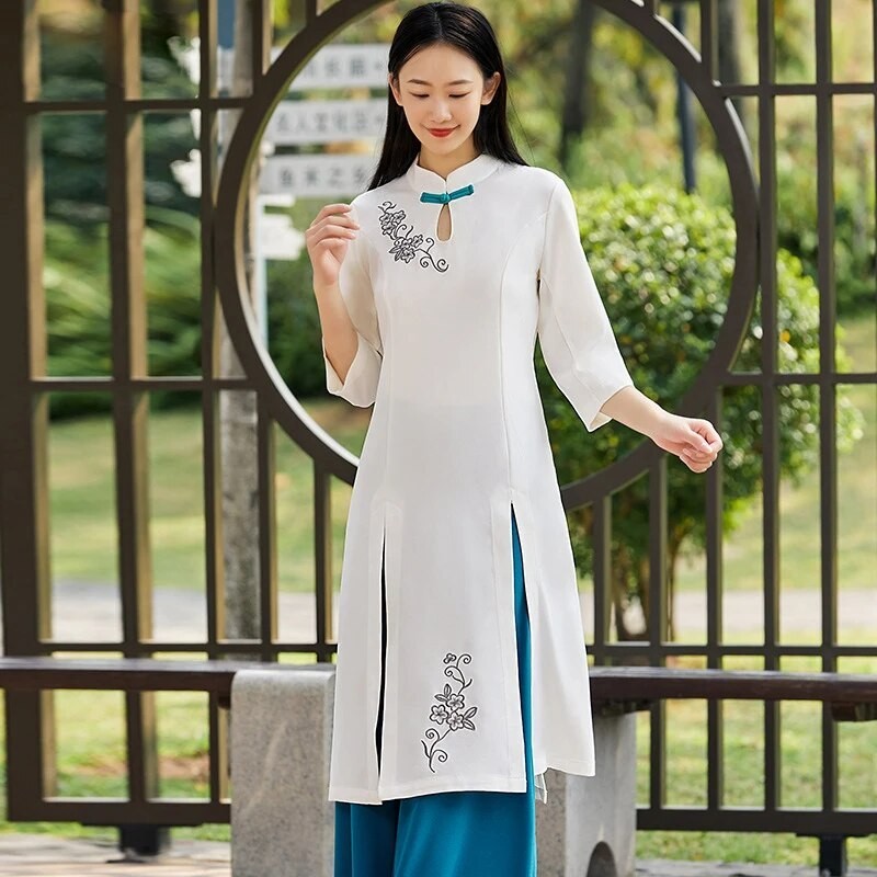 52C Asian Zen Trend Women Elegent Modified Cheongsam Dress Tea Artist ...