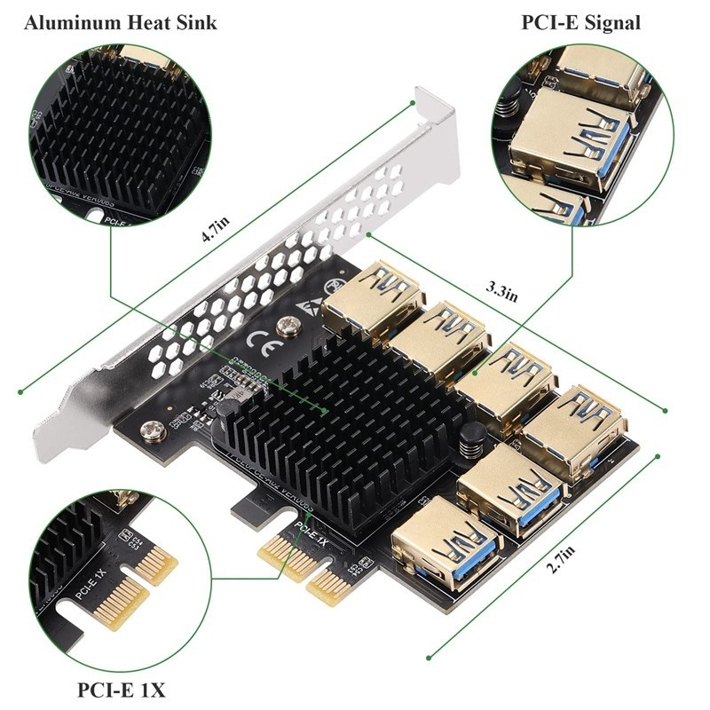 Pcie 1 To 6 PCI Express 16X Riser Card USB 3.0 Adapter Converter PCIE ...