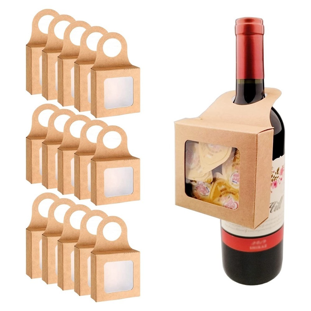 Hot 25pcs Kraft Paper Wine Bottle Box with Window Hanging Foldable Gift ...
