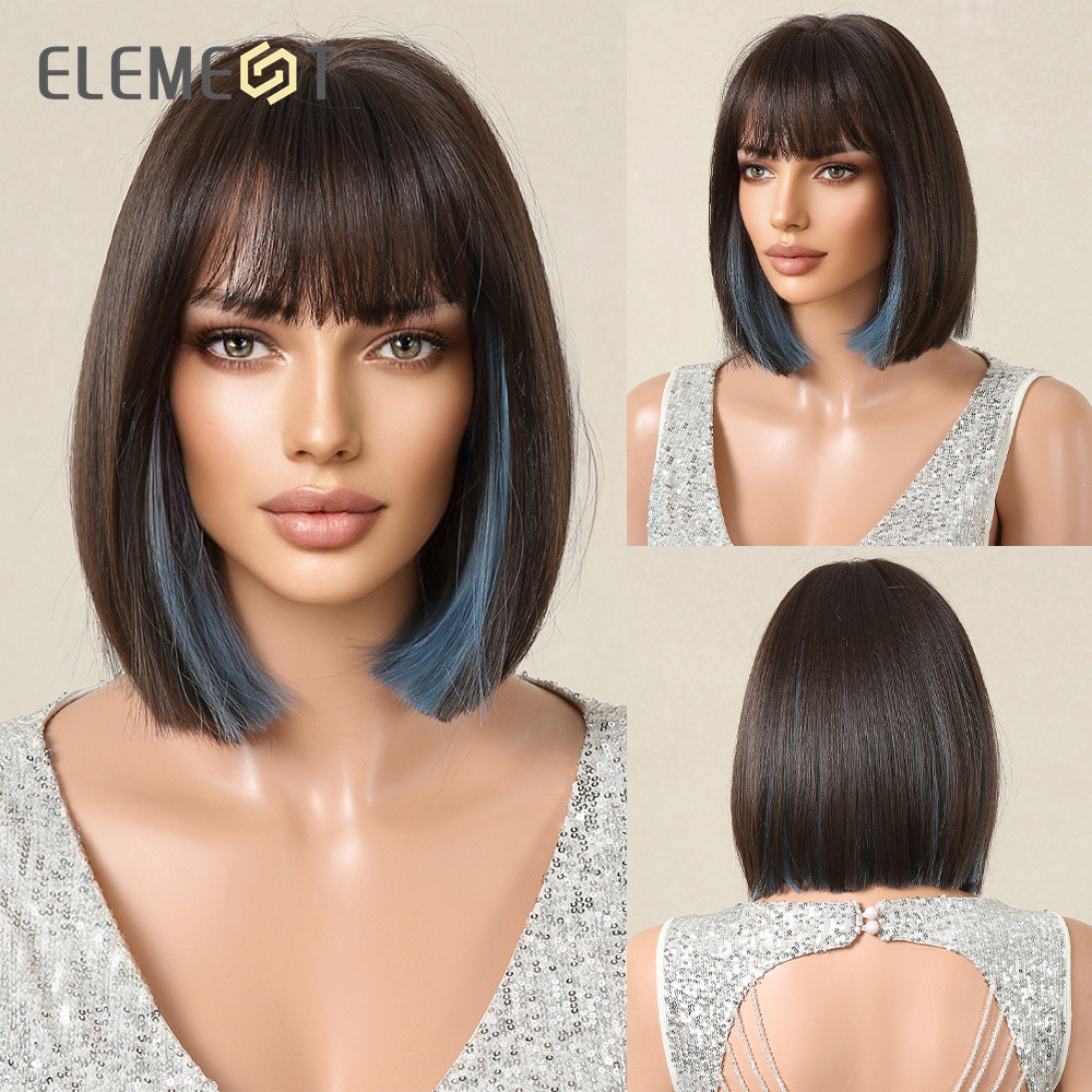 ELEMENT Synthetic Fiber Short Bob Wigs for Women Dark Brown Mixed Blue ...