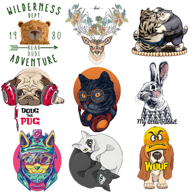 Cartoon Giraffe Cat Dog Deer Animal Heat Transfer Patches For Clothes ...