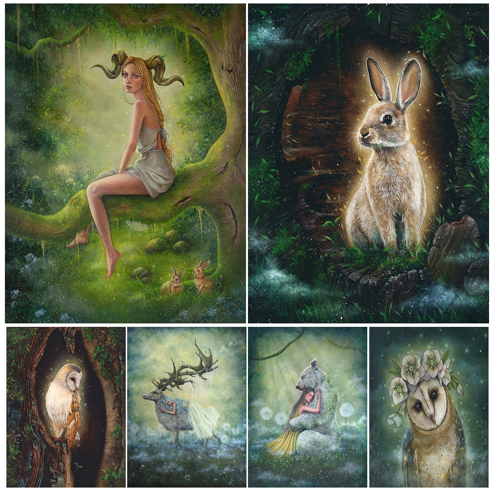 Elf Girl And Animals In The Forest Vintage Wall Art Canvas Paitning ...