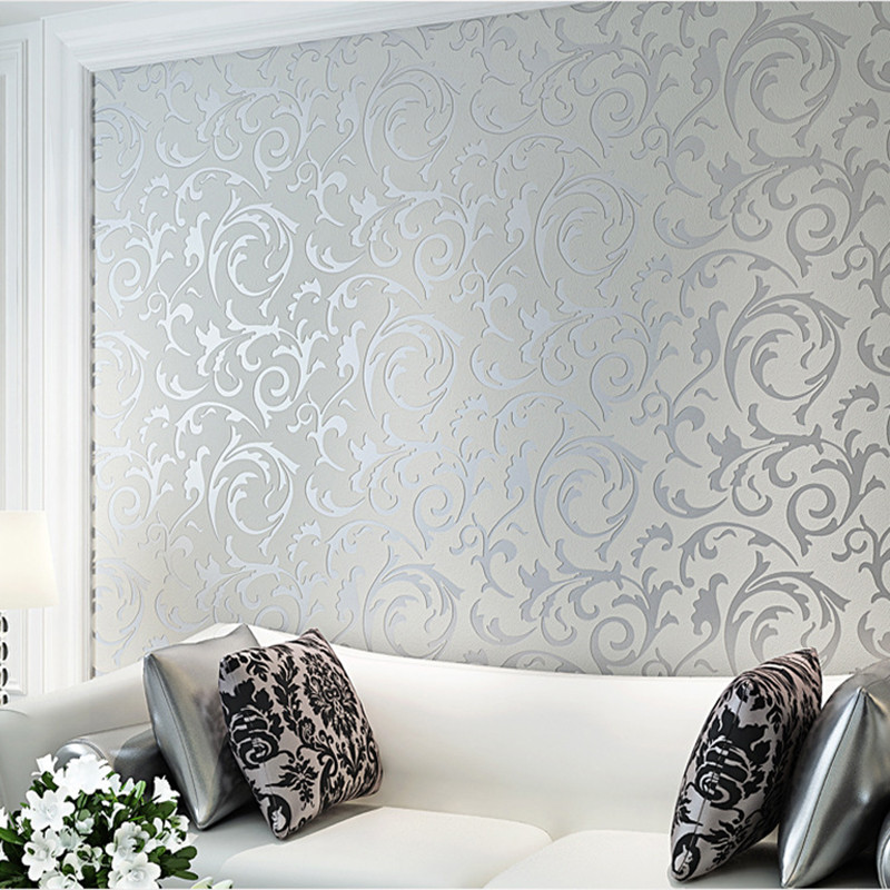 Silver / Gold Victorian Damask Wallpaper Embossed Wall Coverings Roll ...