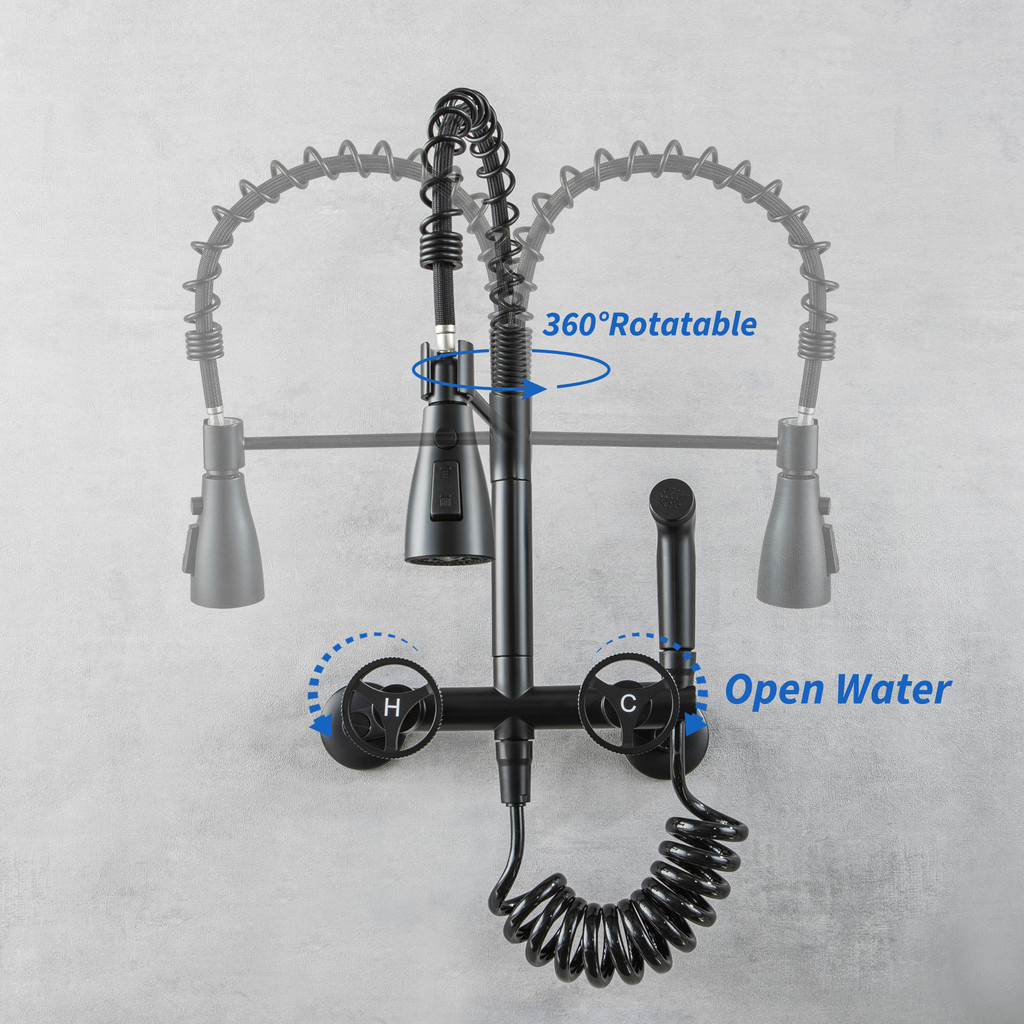 ♠SKOWLL Kitchen Pull Out Faucet Wall Mount Sink Fauet 2 handle with ...