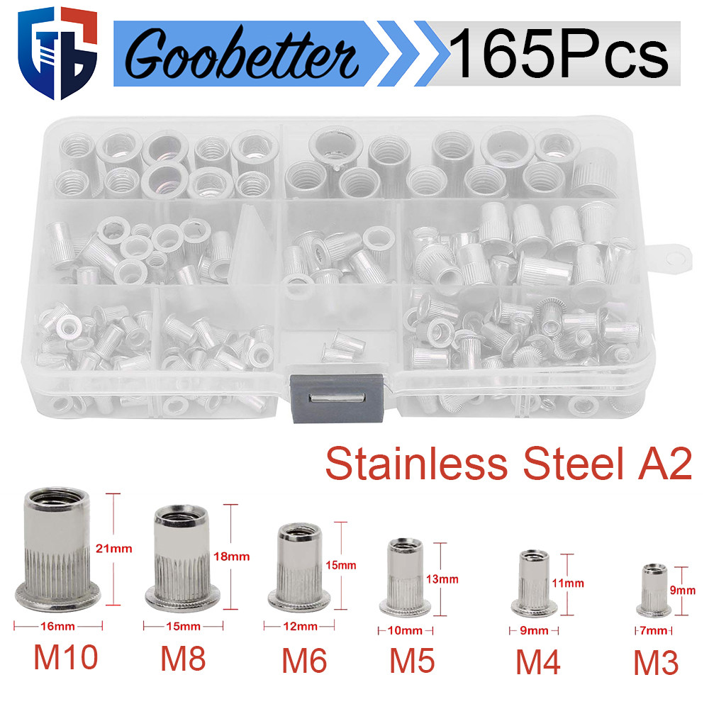 165Pcs Rivet Nuts Nutsert Flat Head Threaded Rivet Set Insert Rivnuts ...