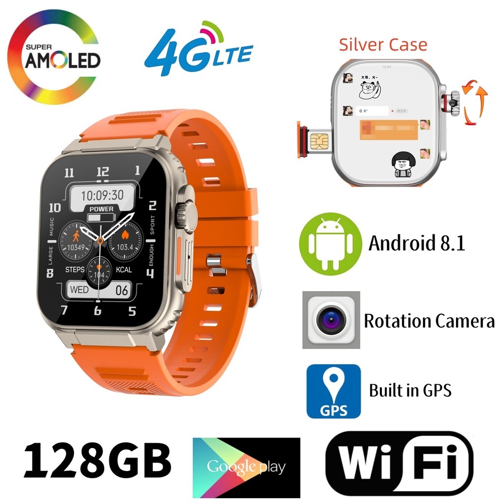 ★4G Android Smart Watch 2.2'' 448*528 Amoled Smart watch 128GB Rom ...