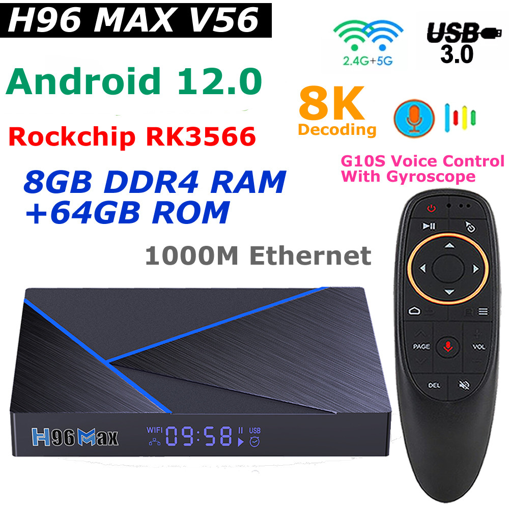 ☬Android 12 TV Box H96 MAX V56 Rockchip RK3566 8GB DDR4 RAM 6GB ROM 8K ...