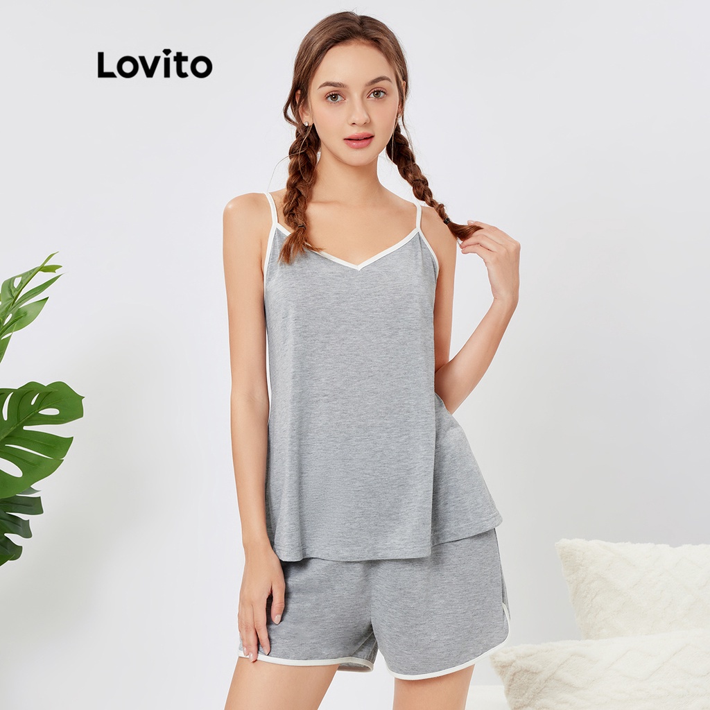 Lovito Casual Plain Colorblock Basic Pajamas Set L26AD085 (Grey ...