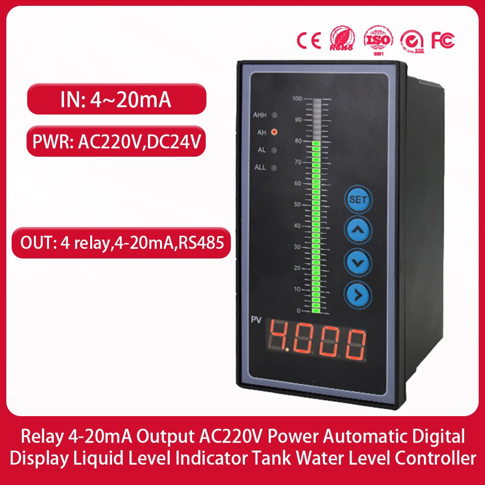4 relay 420mA Output AC220V Power Automatic Digital Display Liquid Level Indicator Tank Water