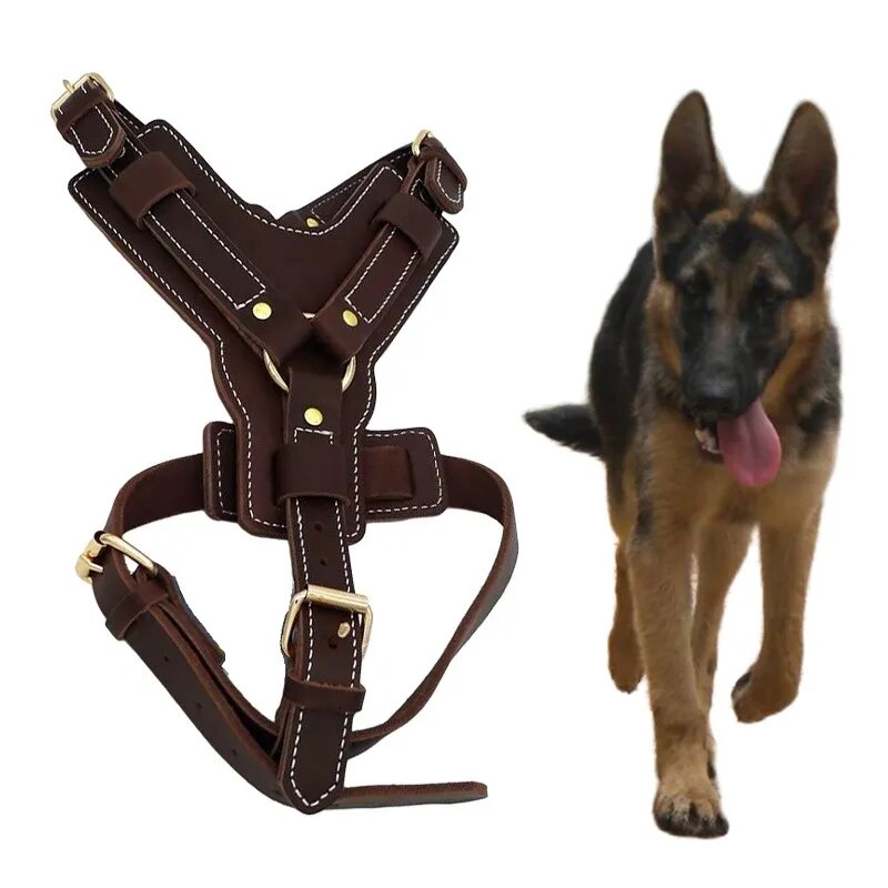 ☠Brown Real Leather Large Dog Harness Vest Walking Training big Dog