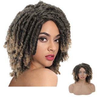 FAVE Short Braided Wig Dreadlock Wigs for Black Women Faux locs Wig Brown  Highlight Color Afro Braids Wig Low Temperature Synthetic Hair (Ombre Brown)