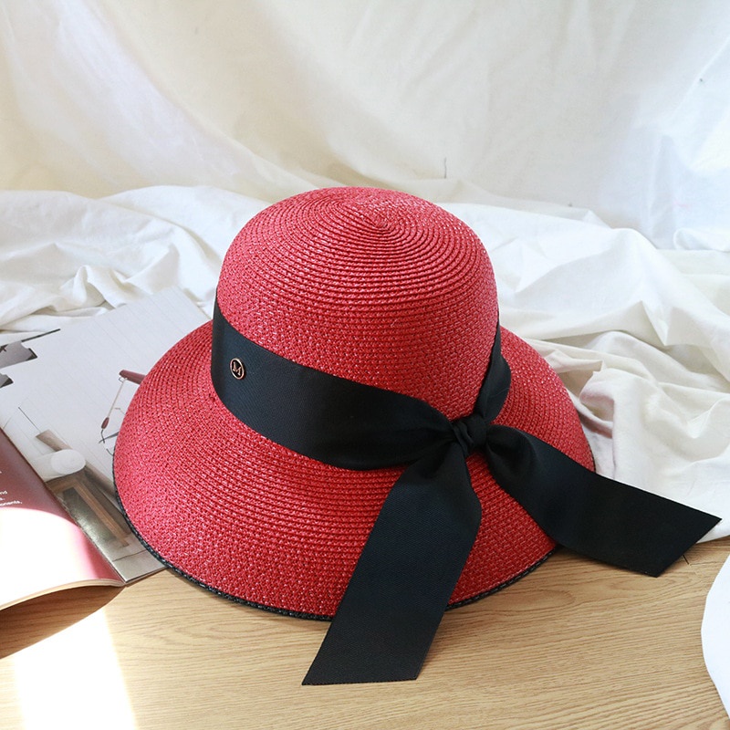 【Straw hat summer satin ribbon women's hat elegant retro belt French Hepburn 2022 new ins Popula