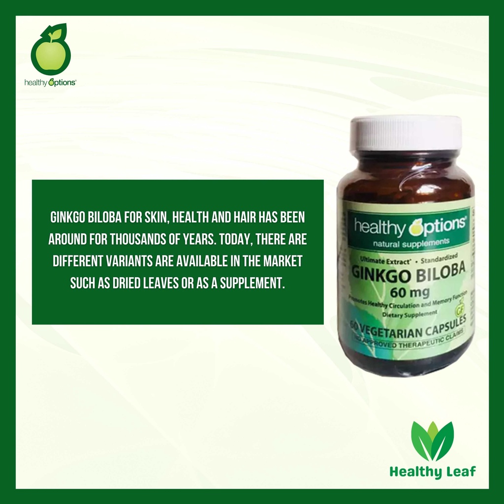 HEALTHY OPTIONS, GINKGO BILOBA, 60MG, (60 VEGAN CAPSULES) Shopee