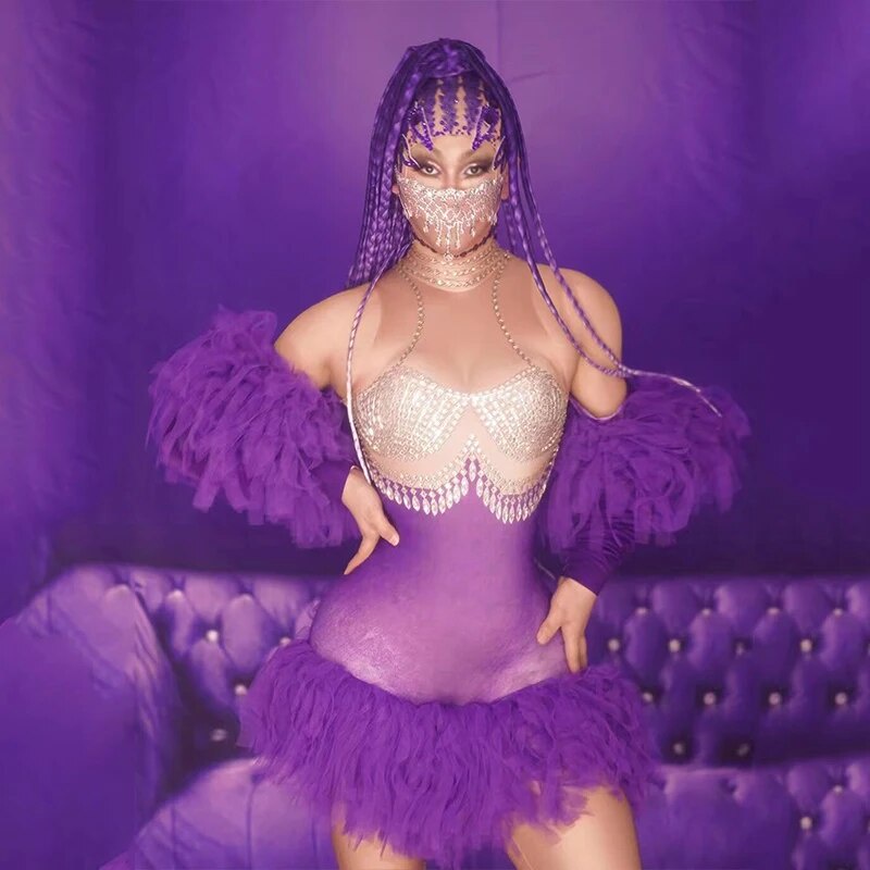 274 Purple Rhinestone Sexy OffShoulder Dress Singer Dancer Stage