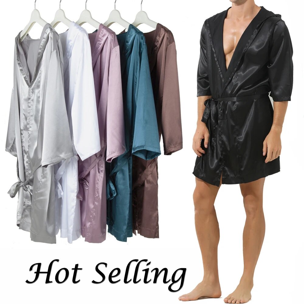 Mens Hooded Bath Robe Short Sleeve House Robe Satin Silk Lounge