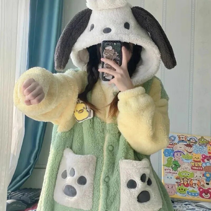 New Kawaii Cute Sanrio Pochacco Coral Velvet Home Clothes Robe Couple's ...