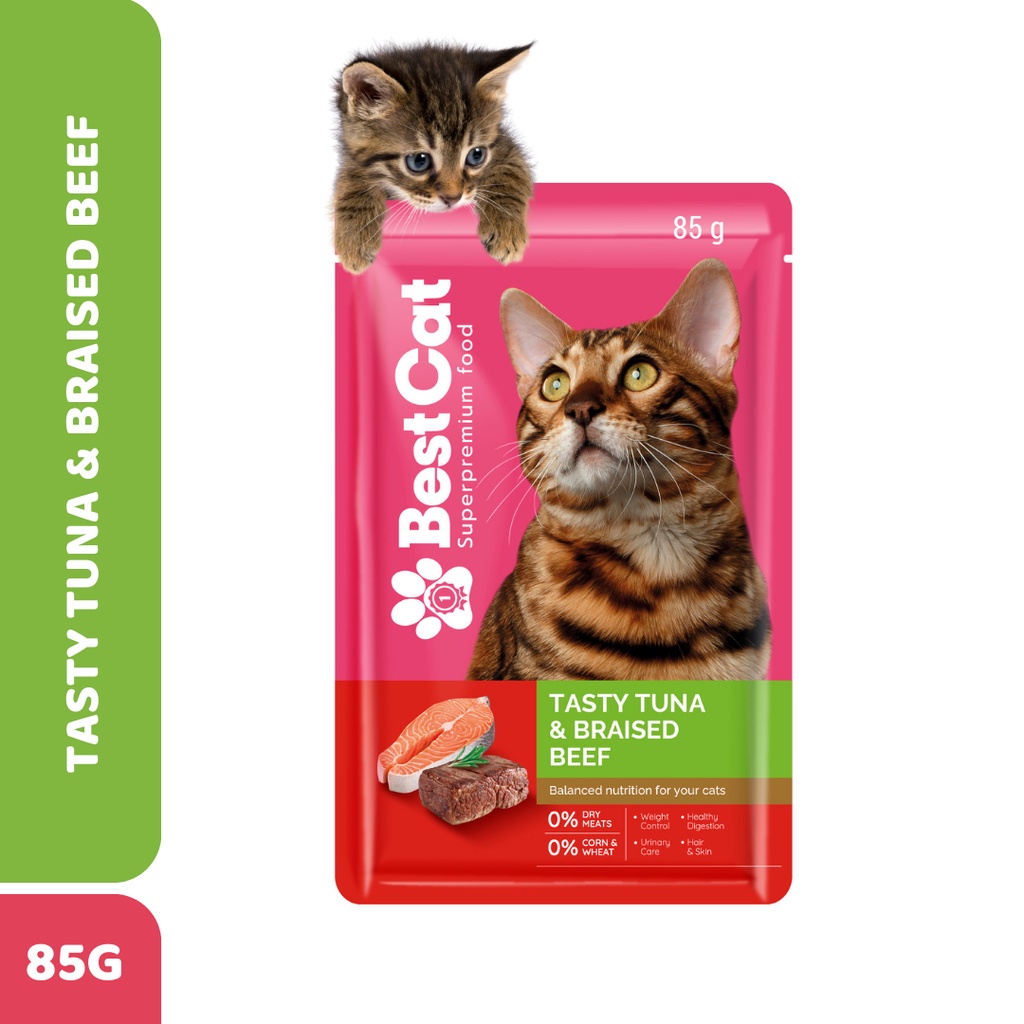 Best Cat Wet Cat Food Pouch Tasty Tuna and Braised Beef 85g