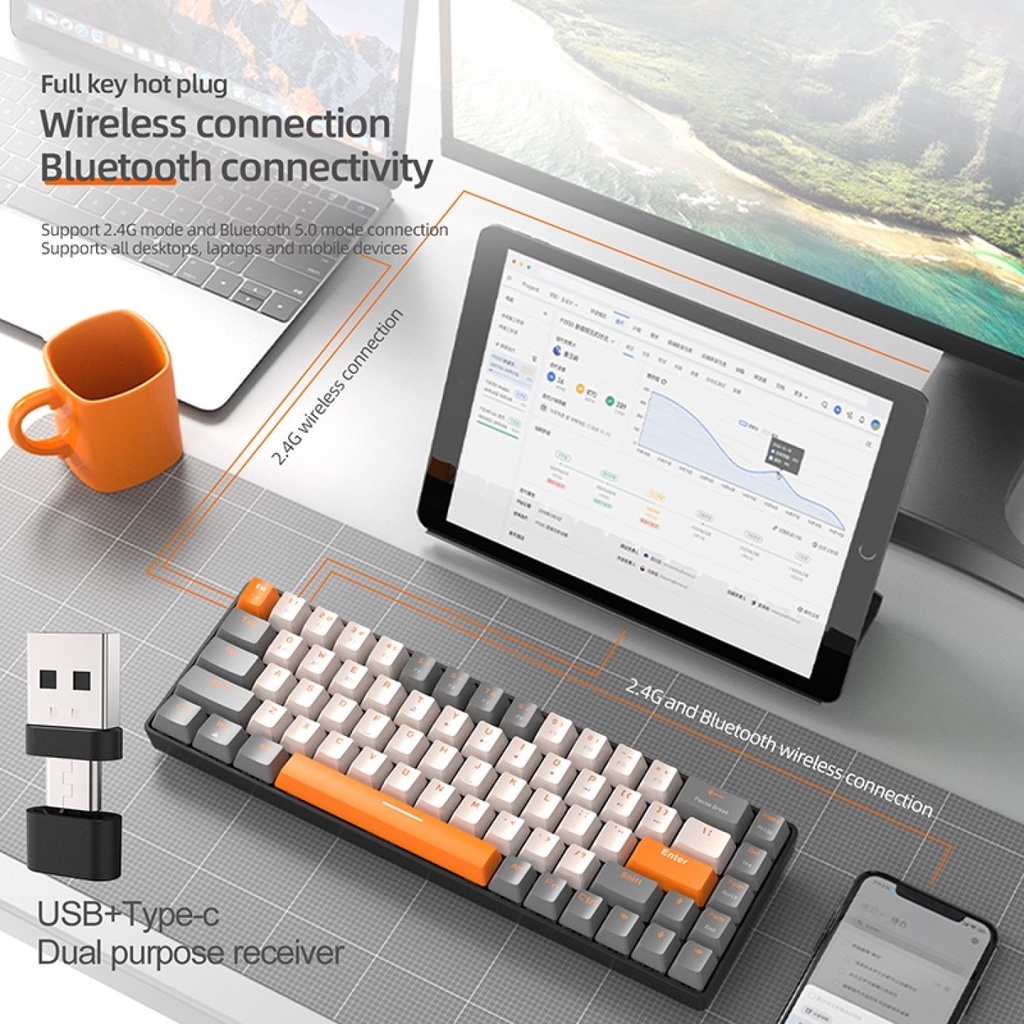 Ziyoulang K68 Wireless Bluetooth Mechanical Keyboard Hot swappable 60% ...