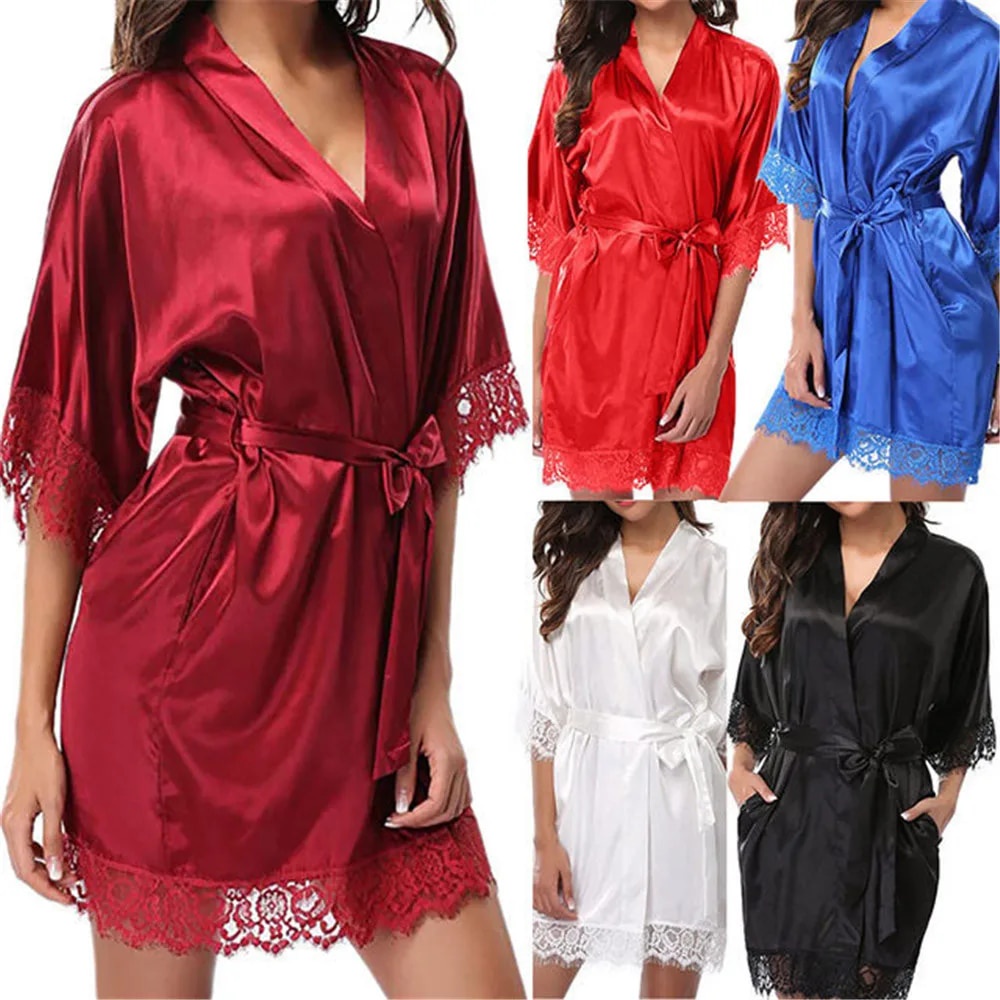 26b New Hot Sexy Lingerie Satin Lace Black Kimono Intimate Sleepwear Robe Sexy Night Gown Wome 