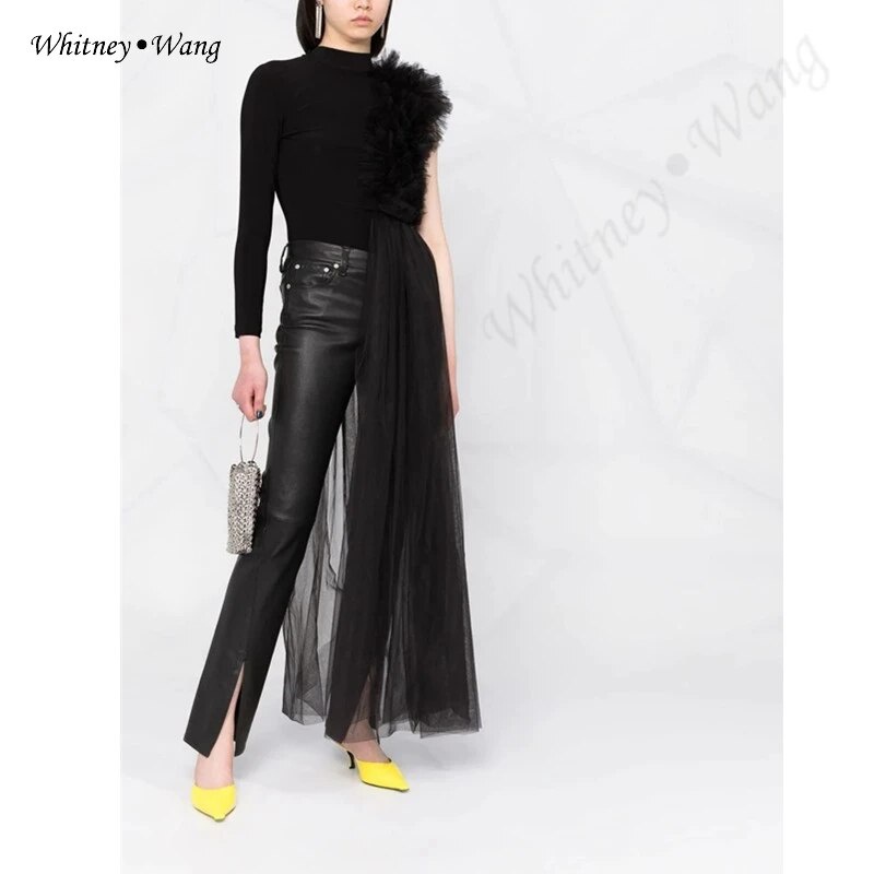 509 Whitney Wang 2022 Autumn Fashion Streetwear Sexy One Sleeve Mesh Ruffles Patchwork Slim T 7636