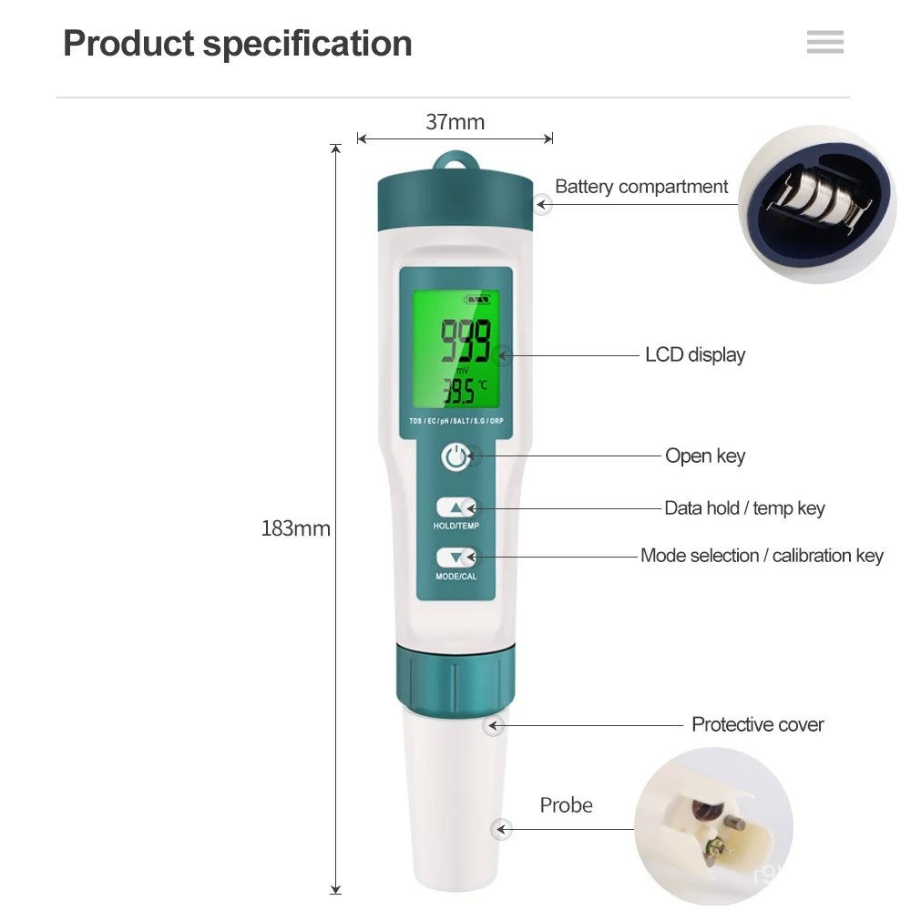 5-in-1 PH TDS EC Temp Salt Watertester - Professionele Waterkwaliteit Meter Voor Zwembad, Aquarium En Drinkwater