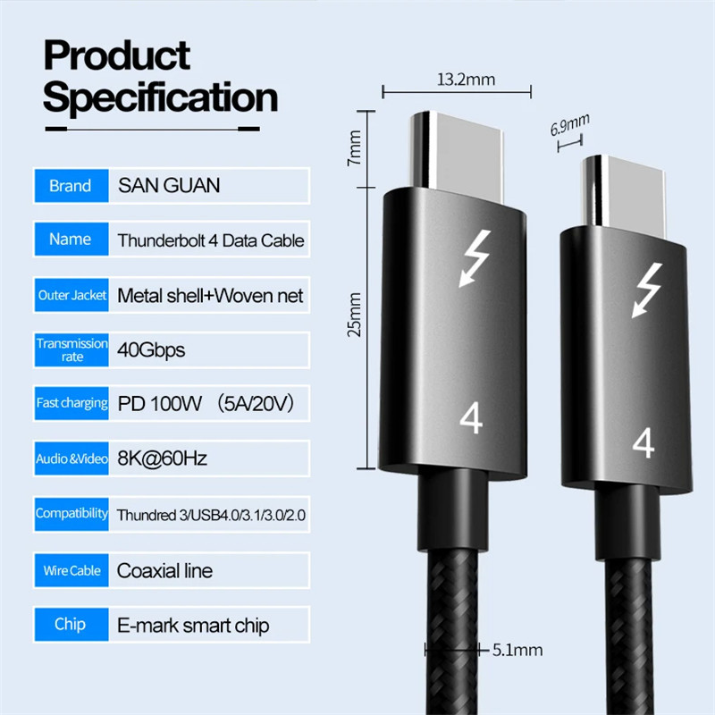 유40Gbps Thunderbolt4 Type C PD100W USB4 Cable Fast Charging Cable USB 3 ...