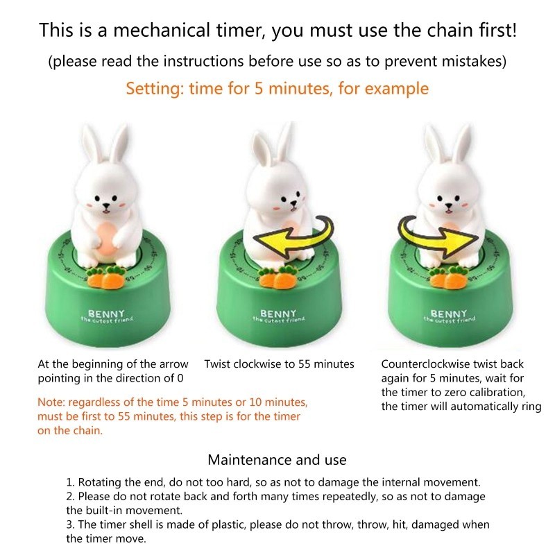 R2JC Mechanical Rabbit Kitchen Timers 60-Minute Wind Up Dial Rotating ...