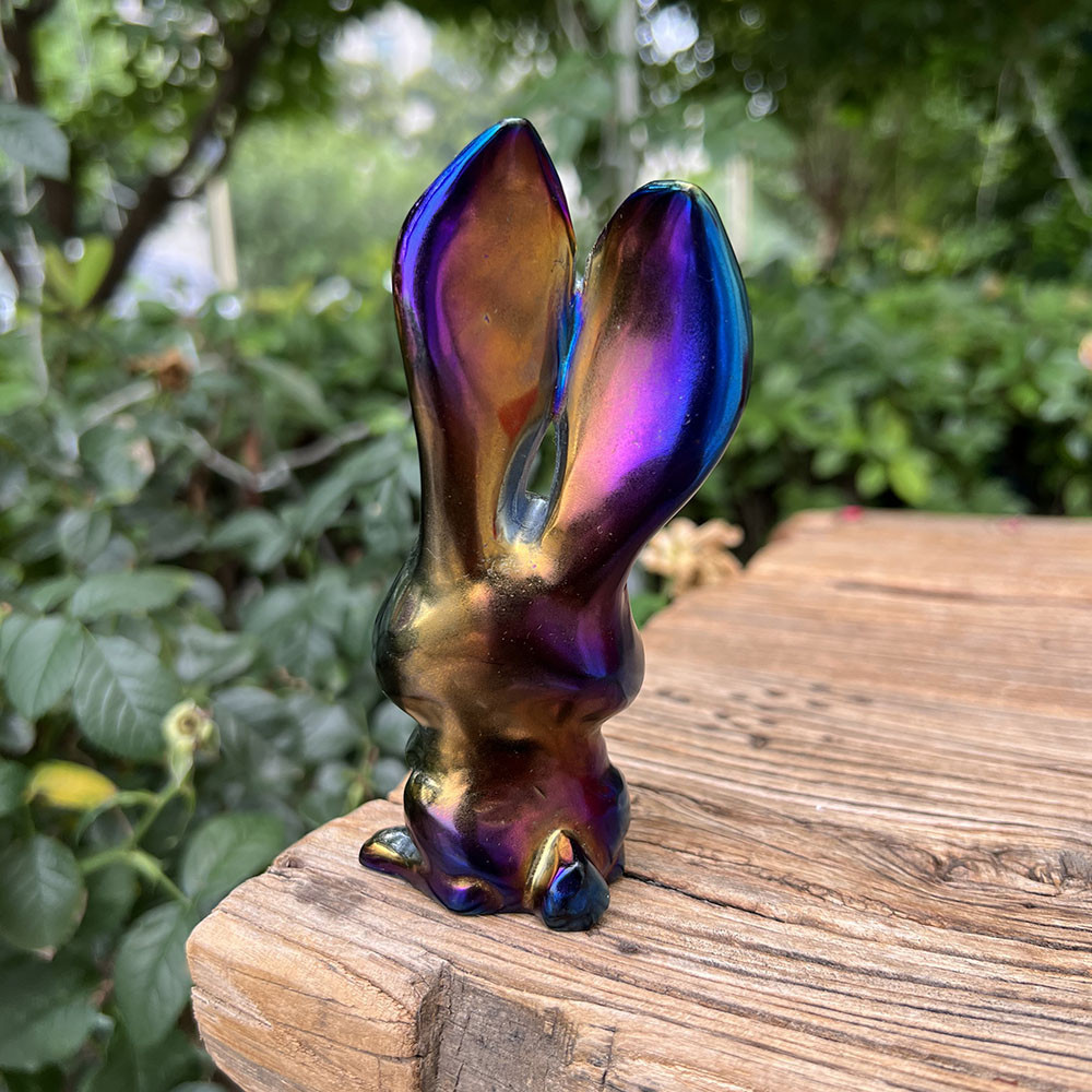 Customized Natural Crystal Rainbow Aura Plating Rabbit Bunny Figurine ...