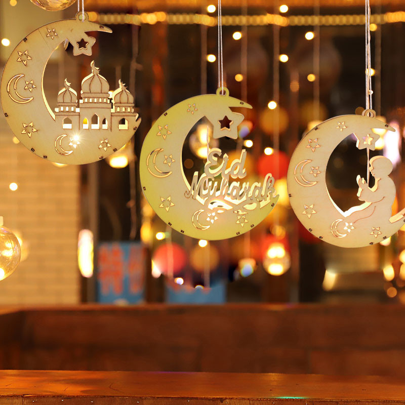 Eid Mubarak Wooden Moon Star LED Hanging Ornaments Ramadan Decor For ...