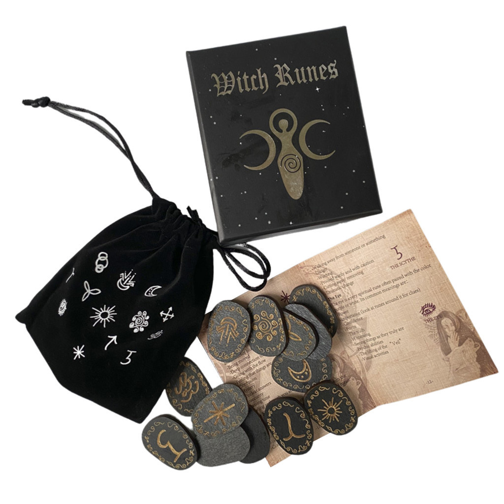 ♥Wood Runes Stone Set Witches Rune Set 14 PCS Engraved Rune Symbol for ...