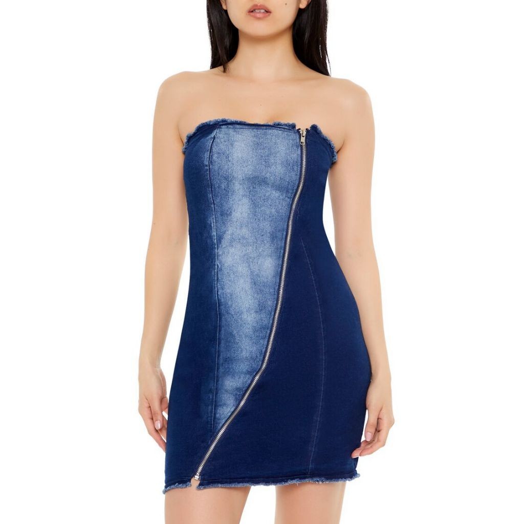 Forever 21 Women s Zip Up Denim Tube Mini Dress Shopee Philippines